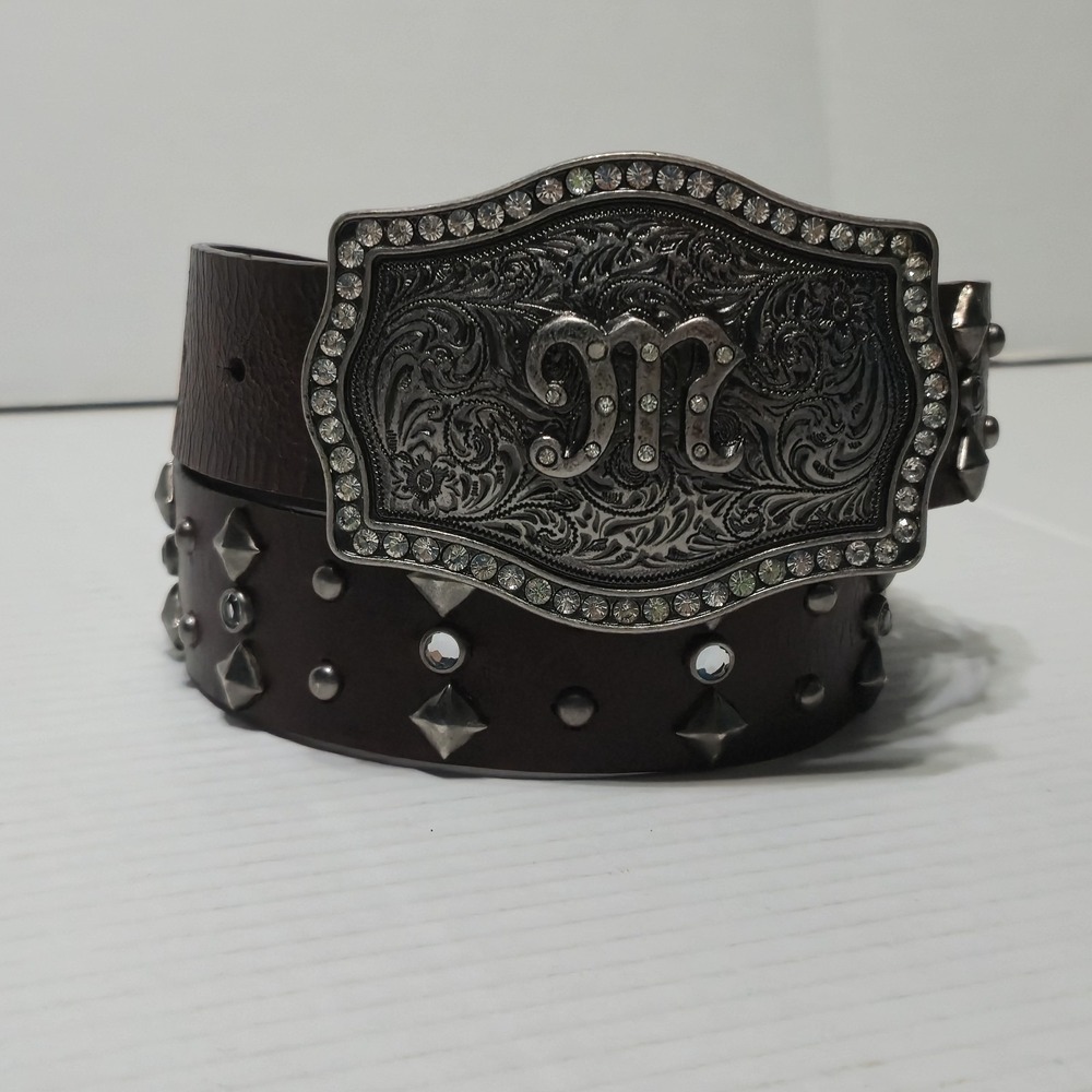 Miss Me Womens XS Brown Leather Studded Western Belt Rhinestone Initial M Buckle
